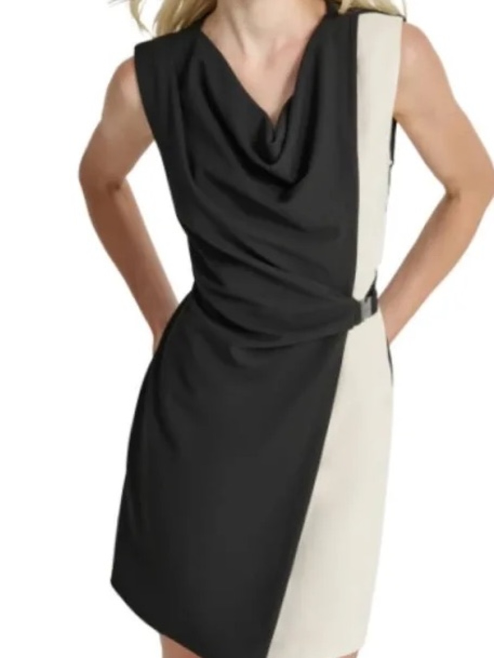 DKNY Black and Ivory Pleated-Panel Midi Dress 12